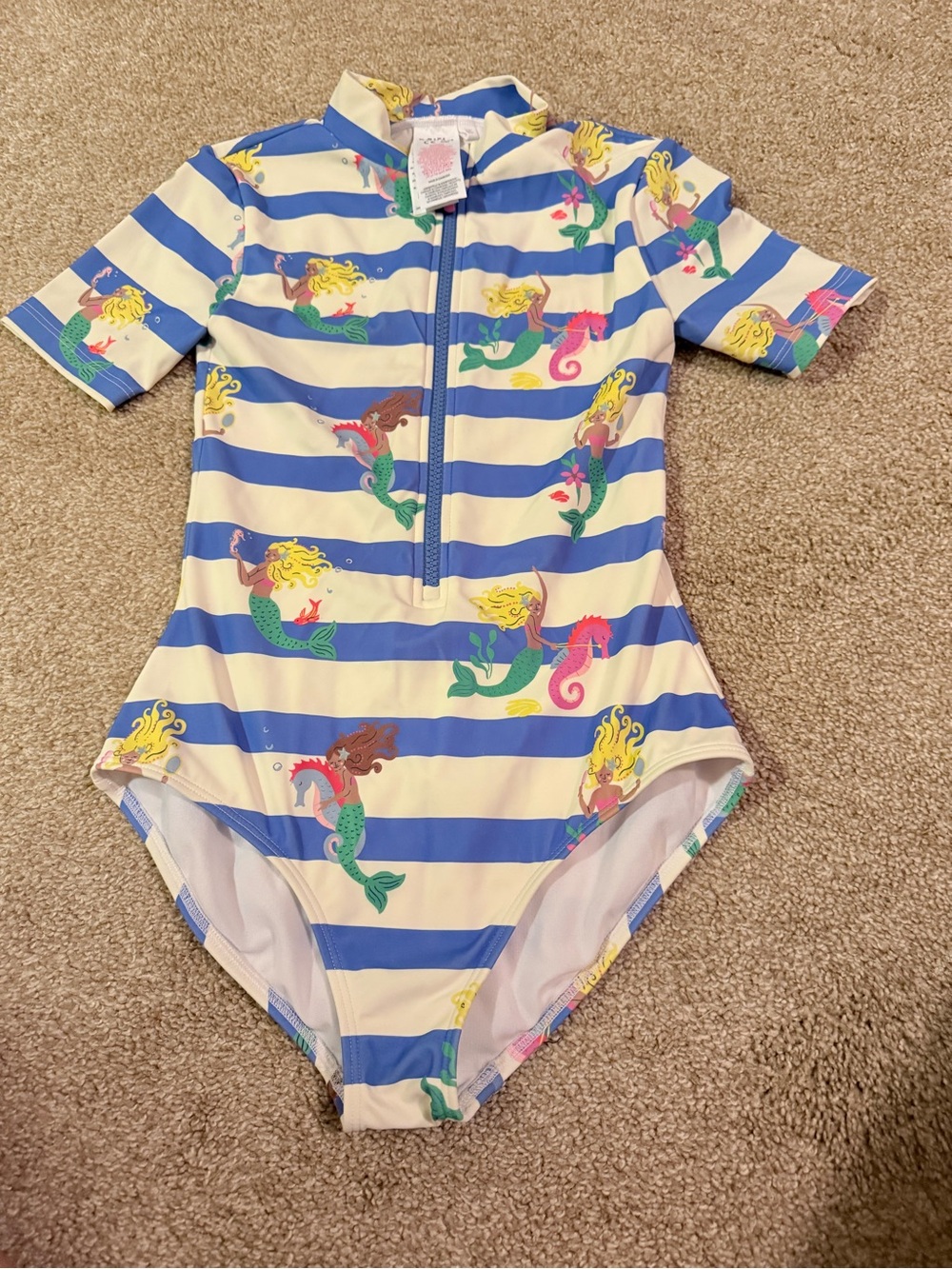 Mini Boden Blue and Cream Striped Mermaid One-Piece Swimsuit